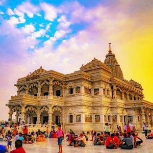 Sacred temples and ghats of Vrindavan along the Yamuna River.